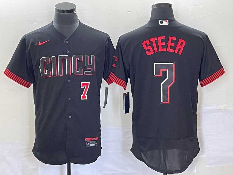 Mens Cincinnati Reds Spencer Steer Number Black 2023 City Connect Flex Base Stitched Jersey1